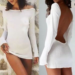 White lounge sexy mini dress long sleeve backless